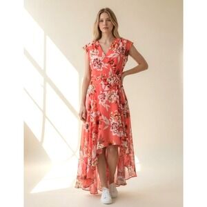 Eliza J Pink Floral Maxi High Low Hem Dress Women's 10P Cottagecore Romantic